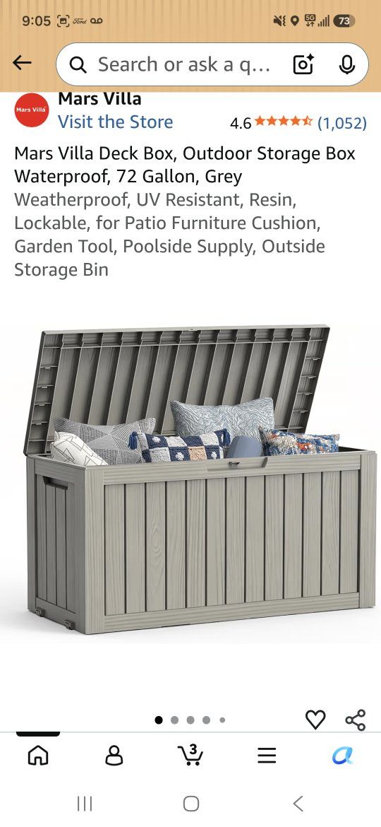 Mars Villa 72-Gallon Grey Waterproof Resin Outdoor Deck Storage Box - UV Resistant, Lockable