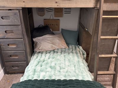 L-shaped twin bunk bed, weathered gray wood