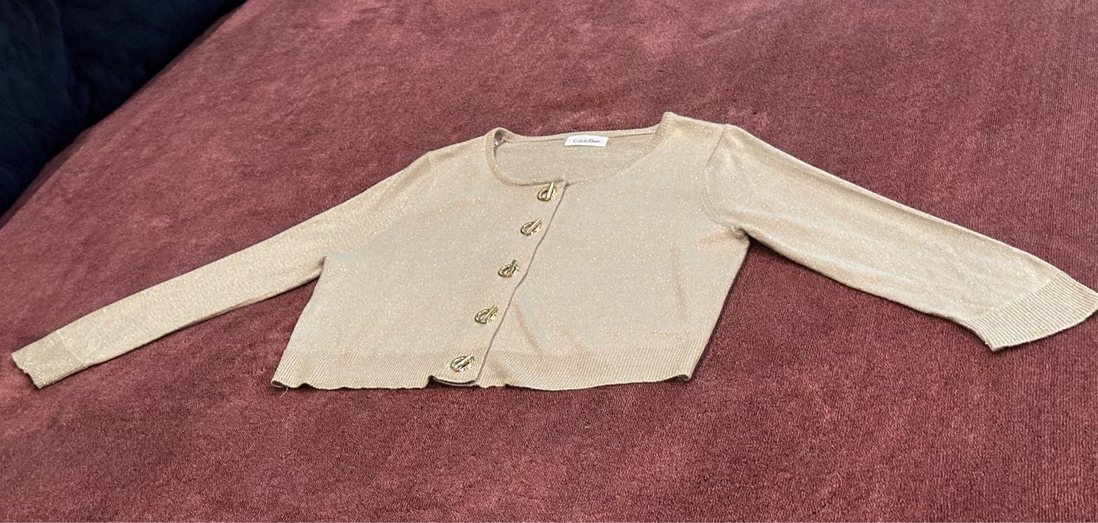 Calvin Klein Women's Gold Metallic Shimmer Cardigan Sweater Size L Toggle Fasteners