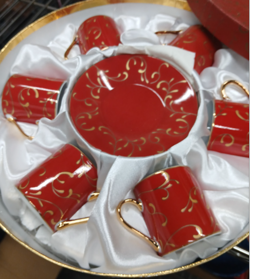 Red & Gold Scroll Design Espresso/Tea Cup & Saucer Set - 6 Demitasse Cups & Saucers-Extras