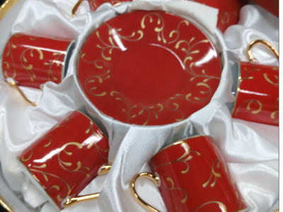 Red & Gold Scroll Design Espresso/Tea Cup & Saucer Set - 6 Demitasse Cups & Saucers-Extras