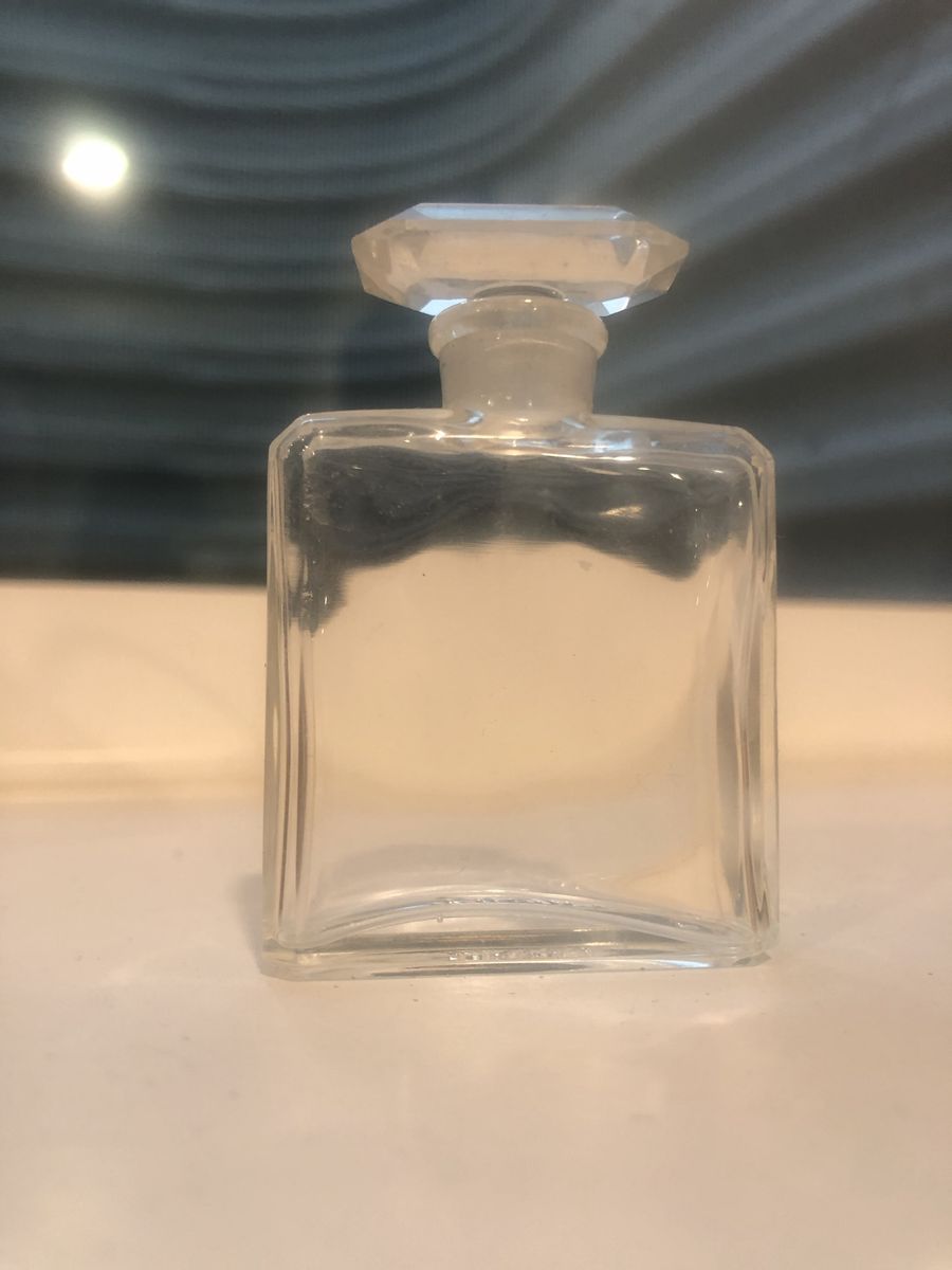 Chanel etched on bottom Vintage Clear Glass Rectangular Perfume Bottle with Faceted Stopper - Decorative Vanity