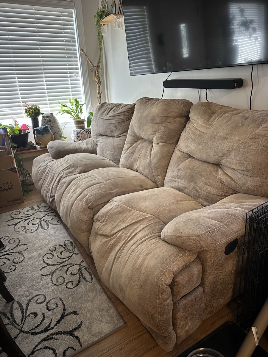 Tan Reclining Sofa with Drop-Down Table and Cupholders - Used Couch