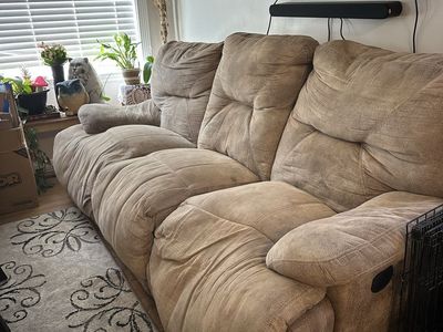 Tan Reclining Sofa with Drop-Down Table and Cupholders - Used Couch