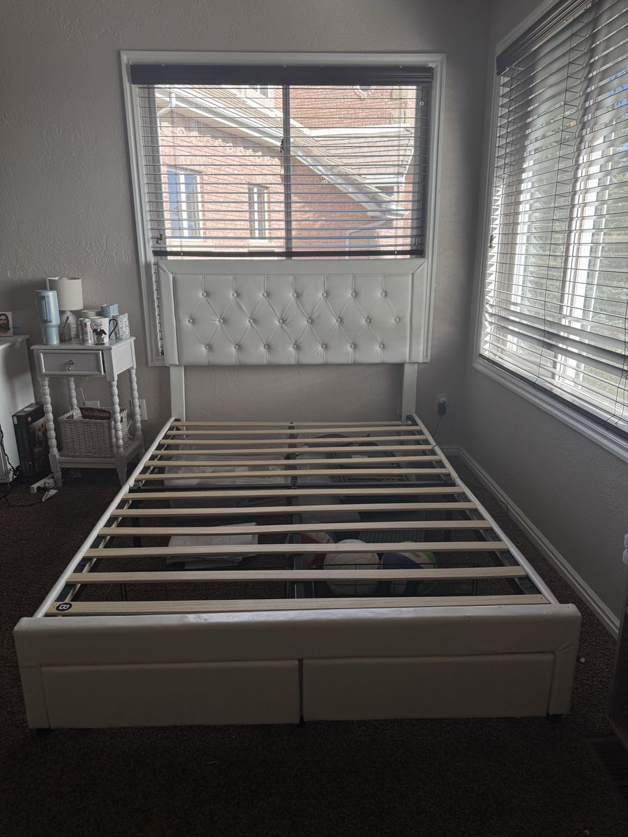 White Tufted Faux Leather Platform Bed Frame with Wood Slats