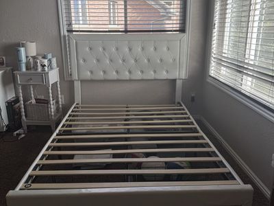 White Tufted Faux Leather Platform Bed Frame with Wood Slats