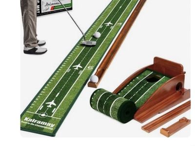 Kalramay Indoor Golf Putting Mat Green - Automatic Ball Return, Natural Wood, Velvet Material