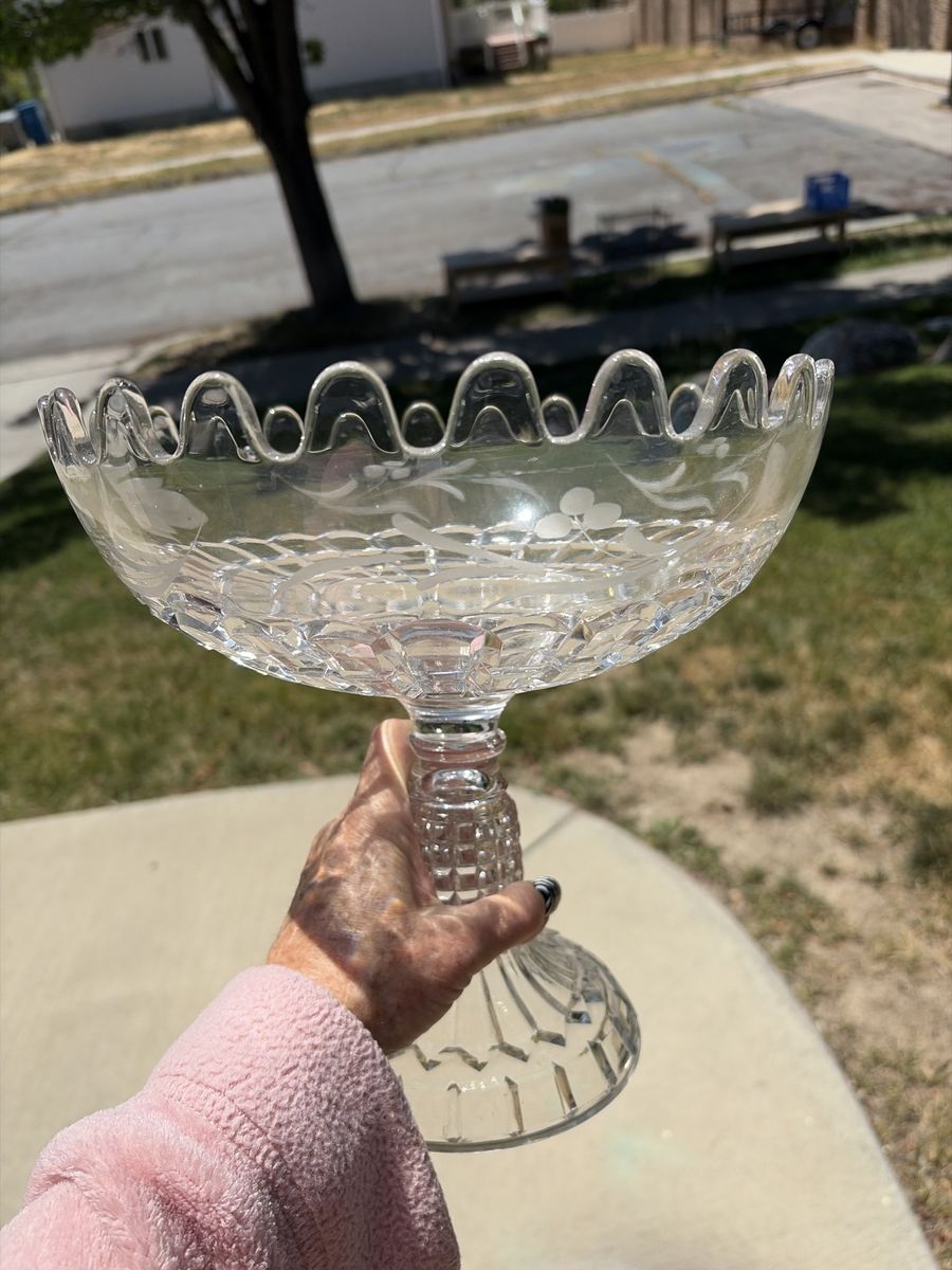 Vintage Large Clear Cut Genuine Crystal Ruffled Edge Pedestal Candy Dish Bowl with Etched Floral Design