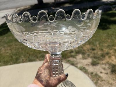 Vintage Large Clear Cut Genuine Crystal Ruffled Edge Pedestal Candy Dish Bowl with Etched Floral Design