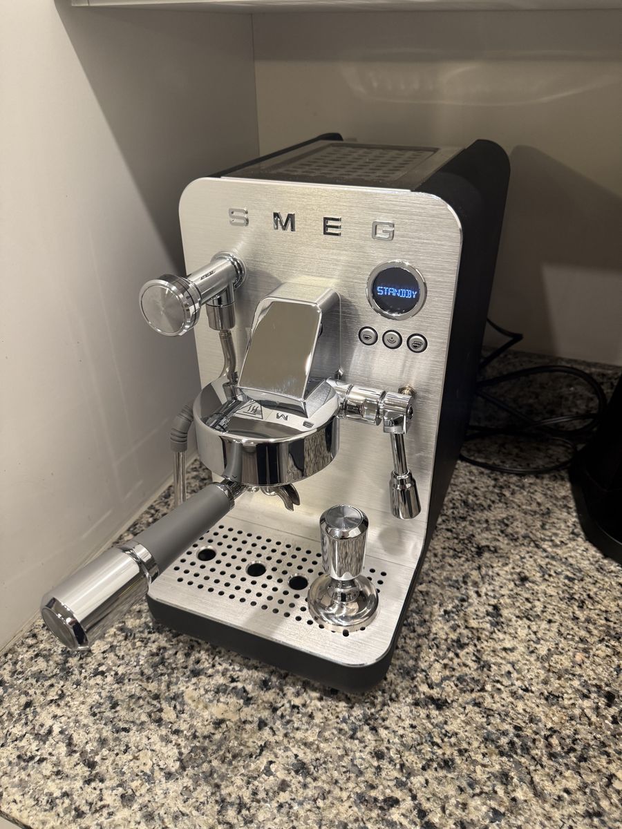 Smeg Espresso Machine with Stainless Steel and Black Finish w/ coffee grinder. 