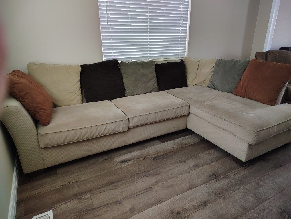 Sectional Couch with Chaise - Beige Fabric, Comfortable Seating