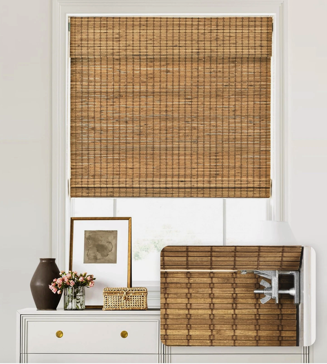 LazBlinds 31x64 Bamboo Roman Shade No Drill Cordless Light Filtering Teak