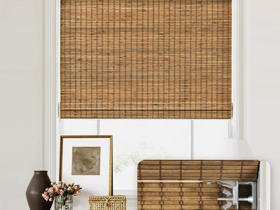 LazBlinds 31x64 Bamboo Roman Shade No Drill Cordless Light Filtering Teak
