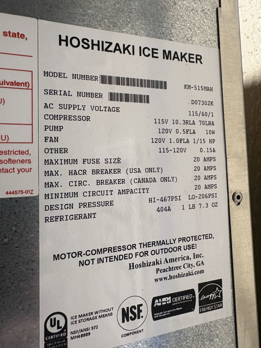 Hoshizaki ice maker - KM 515 air cooled