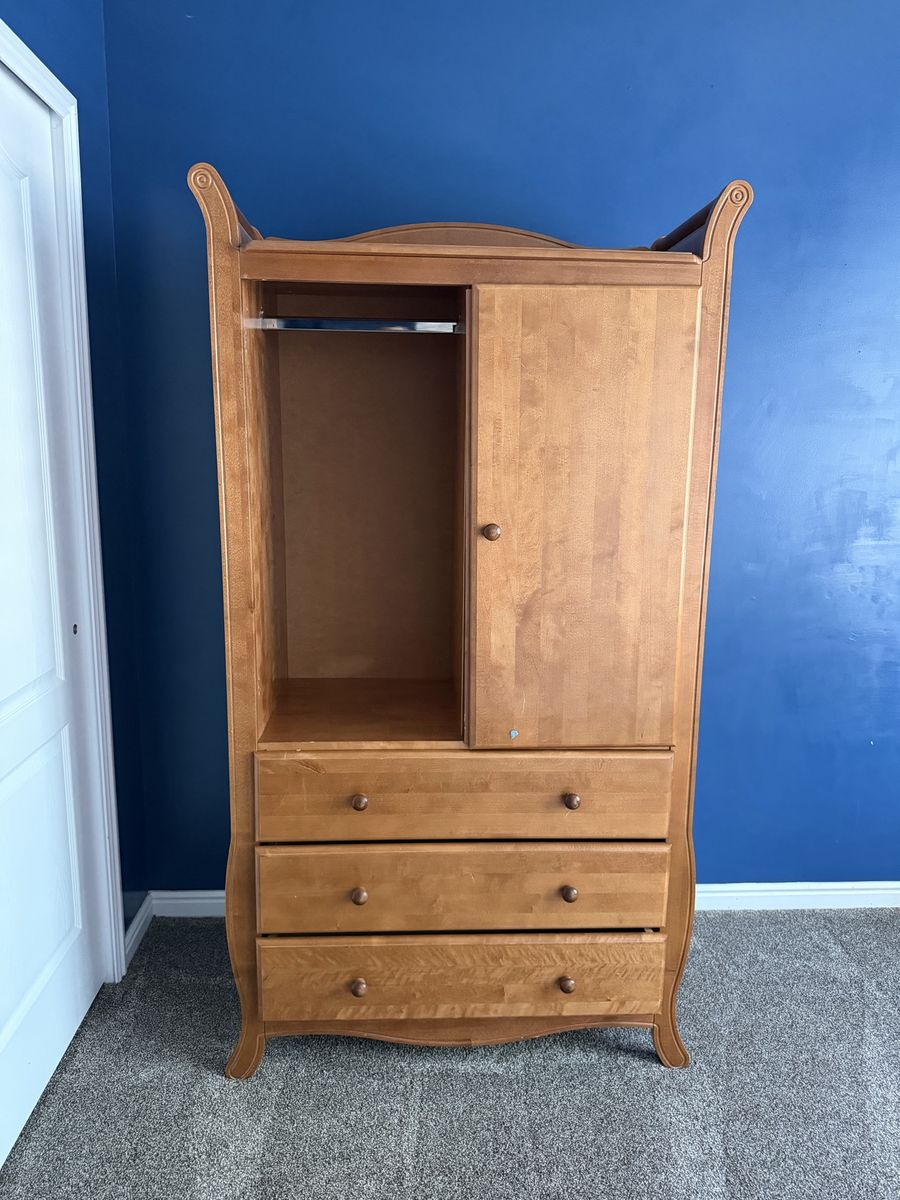 Vintage Wooden Armoire Wardrobe Dresser with Hanging Rod and Shelves