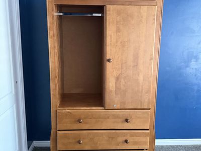 Vintage Wooden Armoire Wardrobe Dresser with Hanging Rod and Shelves