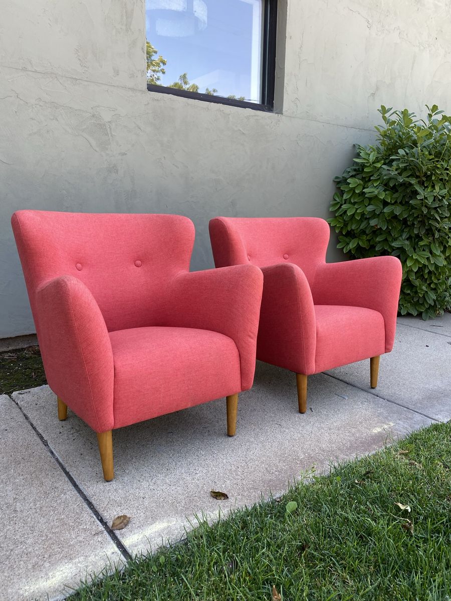 Pair of Article Happy "Mod" Mid-Century Modern Armchairs - Pink Rose Quartz  Lounge, Club Chairs