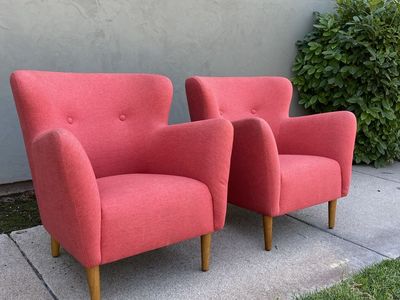 Pair of Article Happy "Mod" Mid-Century Modern Armchairs - Pink Rose Quartz Lounge, Club Chairs