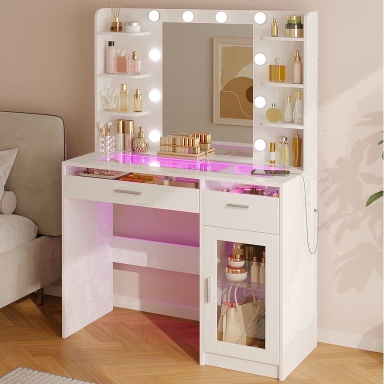 White Vanity Desk with Mirror & Lights, Power Outlet