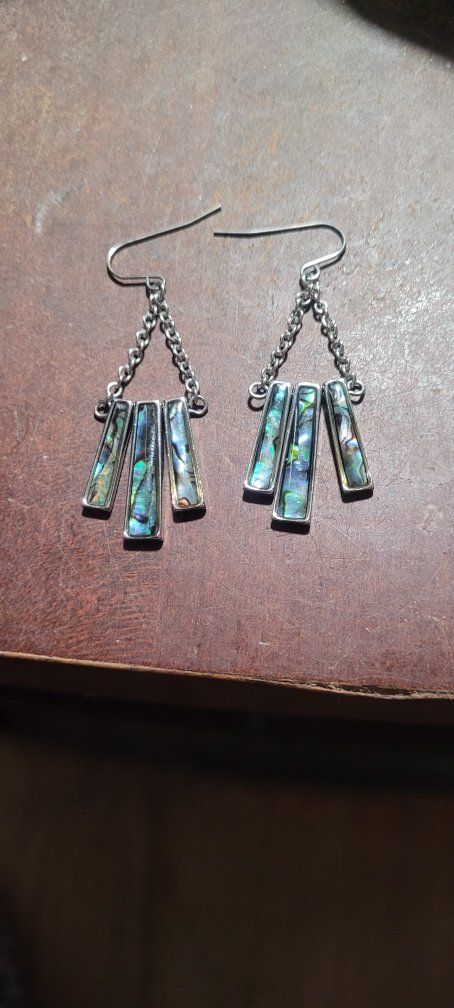 Silver-Tone Dangle Earrings with Inlaid Abalone Shell Accent
