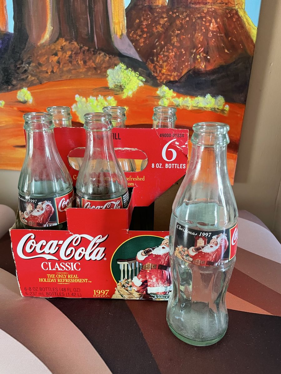 Vintage 6 Pack Glass Christmas coke bottles in carton
