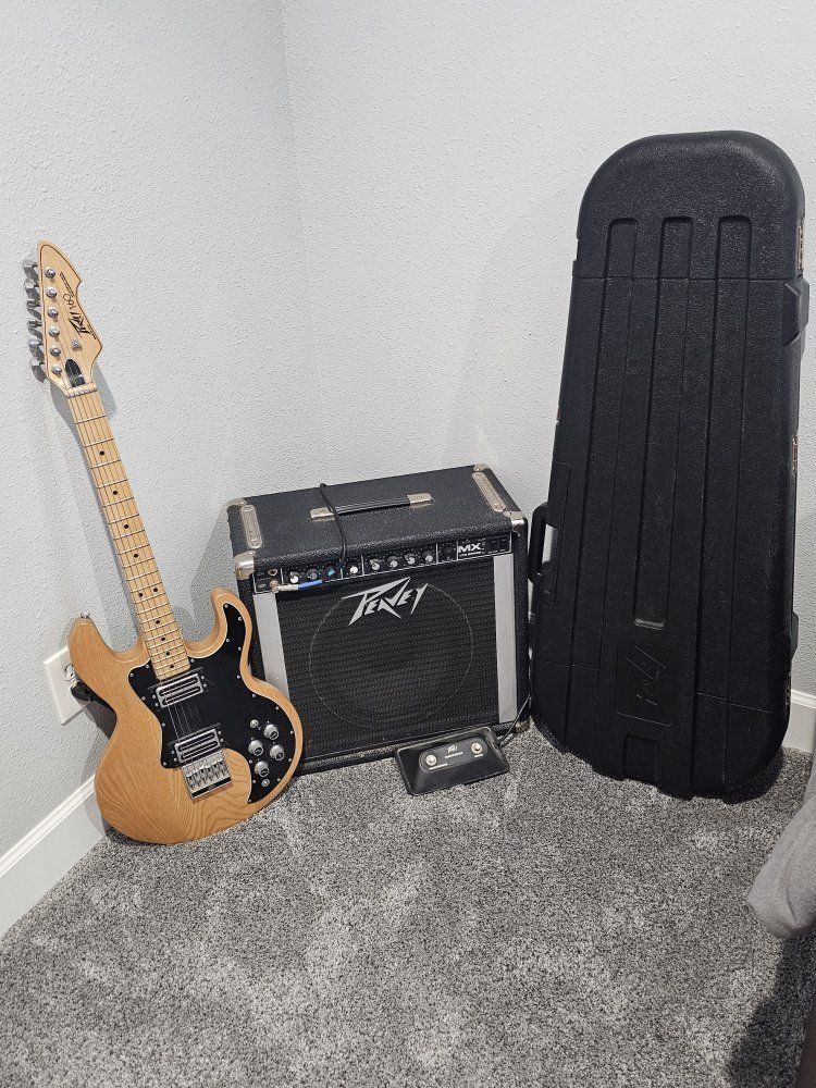 Peavey T-60 Electric Guitar & Peavey MX VTX Series Amplifier with Peavey Hardshell Case and Footswitch  Natural Finish