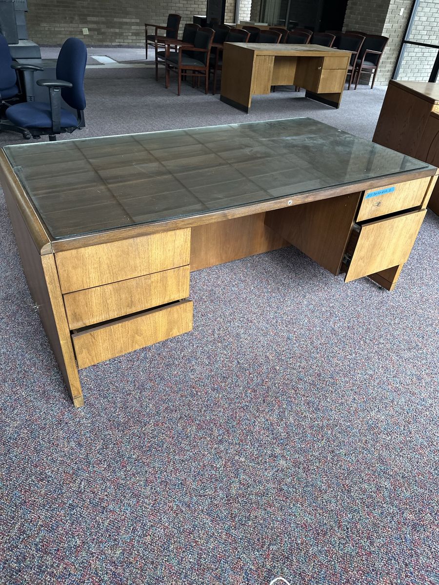 Vintage Mid-Century Modern Wood Office Desk with Glass Top - Functional & Stylish