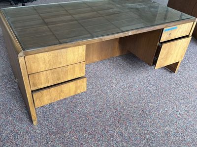 Vintage Mid-Century Modern Wood Office Desk with Glass Top - Functional & Stylish
