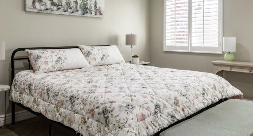 Queen size bed frame, mattress, all bedding and platform base