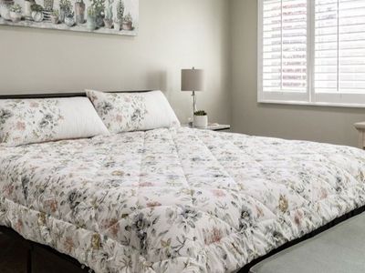 Queen size bed frame, mattress, all bedding and platform base