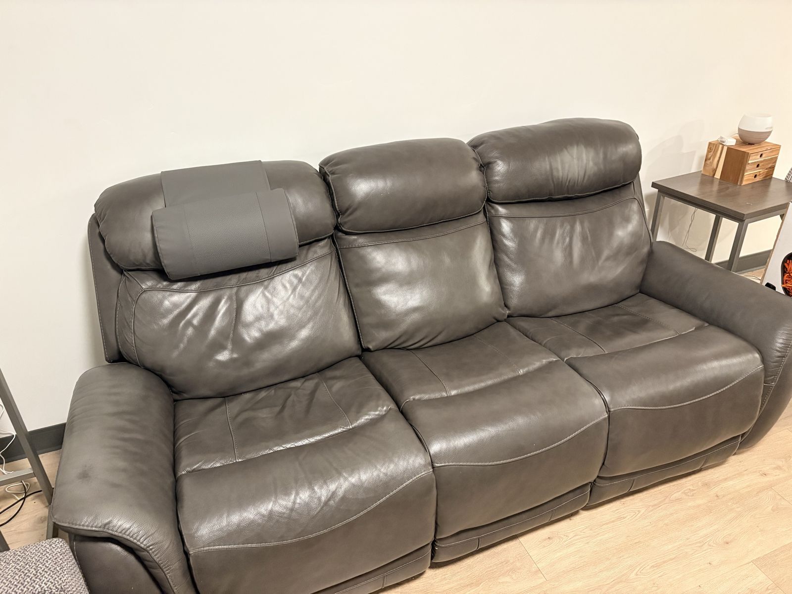 Used Leather Reclining Sofa Couch - 3-Seater, Dark Gray with 2 Recliners. $160 or Best Offer