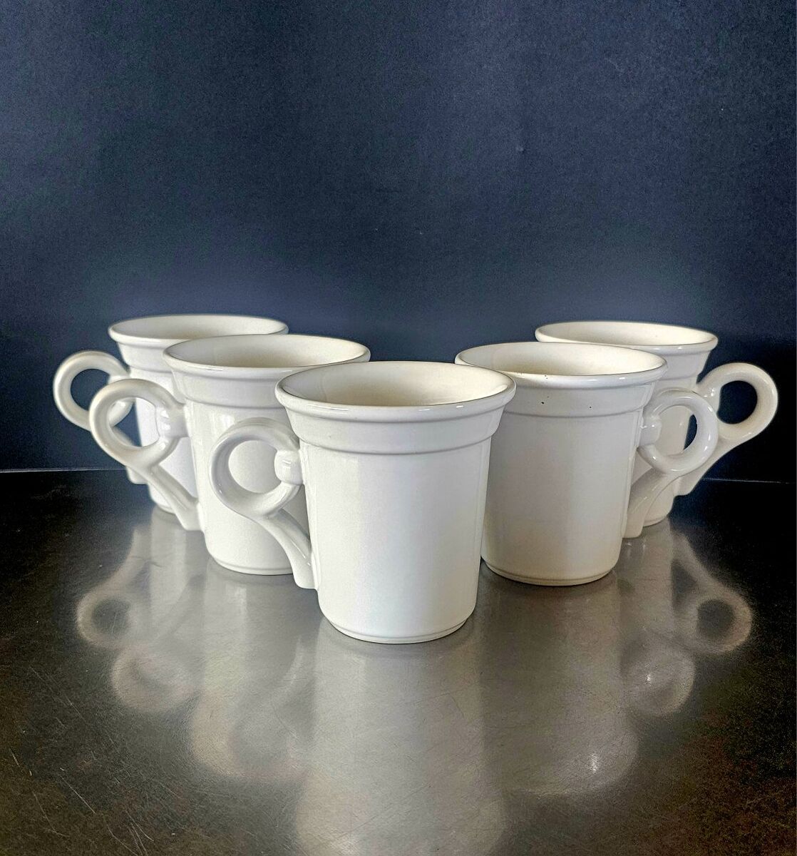 Vntg. Nancy CALHOUN Set of 5 Shiny White Mugs