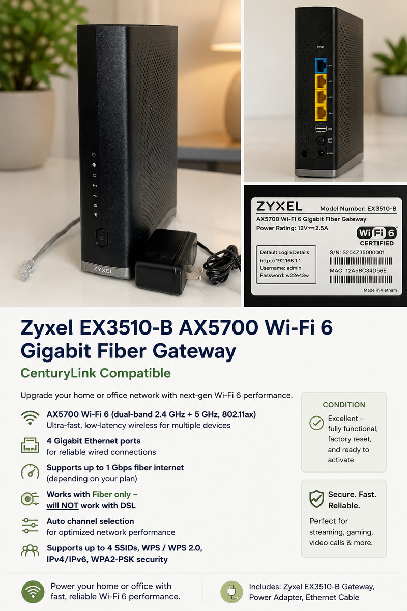 Zyxel EX3510-B AX5700 Wi-Fi 6 Gigabit Fiber Gateway – CenturyLink Compatible
