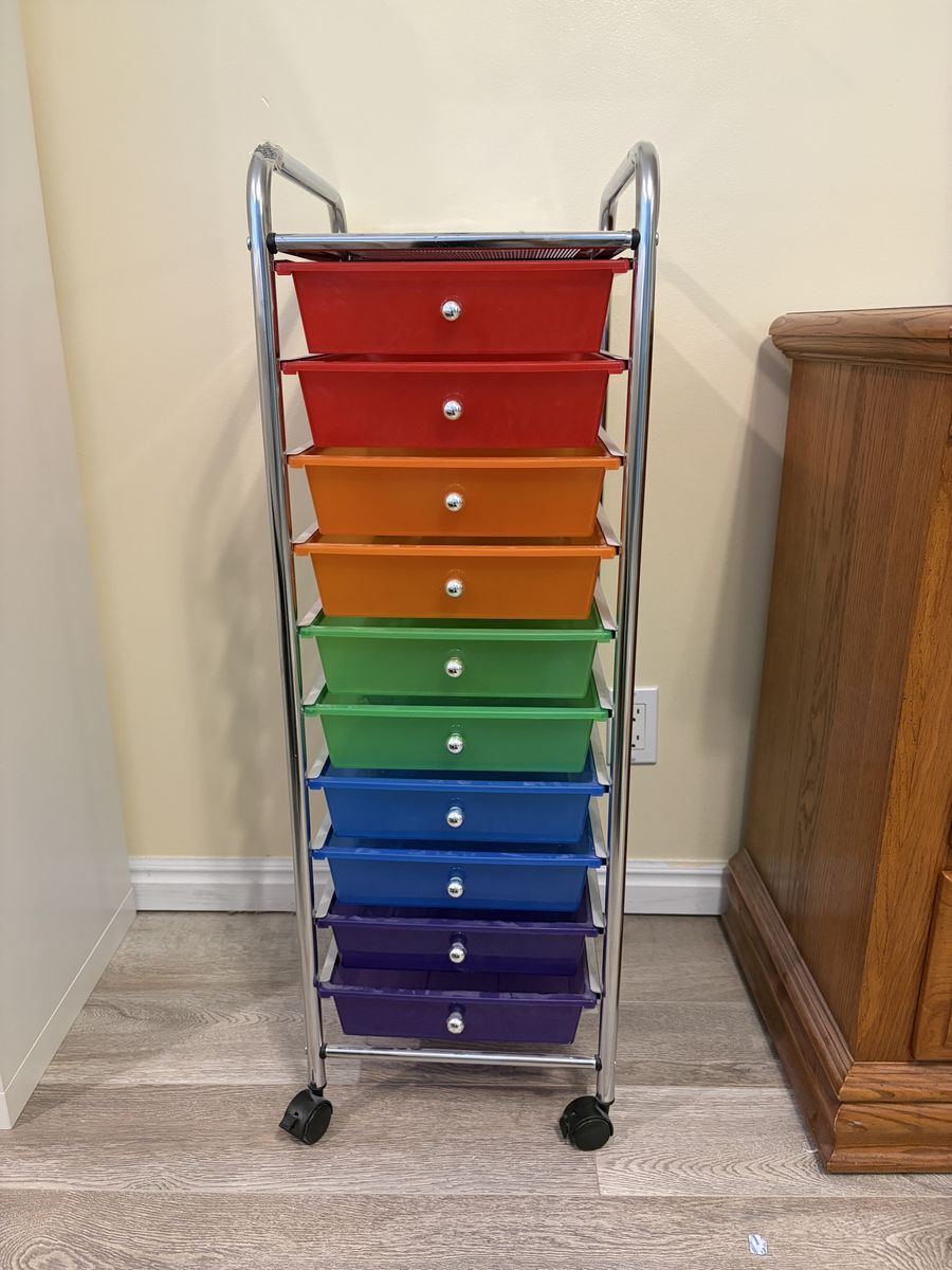 10-Drawer Rolling Storage Cart Rainbow Plastic Drawers Metal Frame