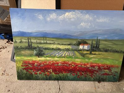 Vibrant Poppy Field & Lavender Landscape Oil Painting on Canvas - Unframed Art