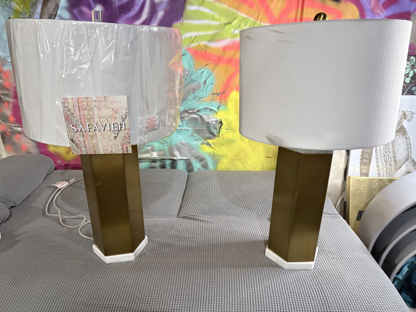Set of Gold and Marble Lamps with Shades