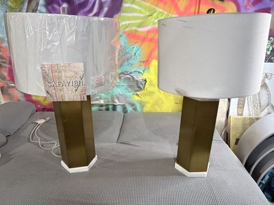 Set of Gold and Marble Lamps with Shades