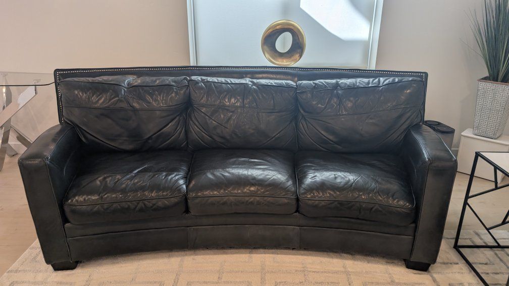 Black Leather Sofa & Loveseat Set - Nailhead Trim, 3-Seater Couch & 2-Seater Loveseat