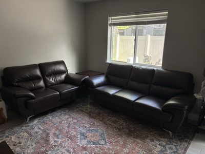 Dark Brown Faux Leather Sofa and Loveseat Set with Chrome Legs - Modern Style