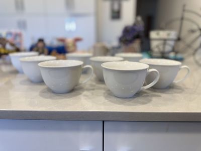 Set of 8 White Ceramic Mugs/Cups - Modern, Sleek Kitchenware