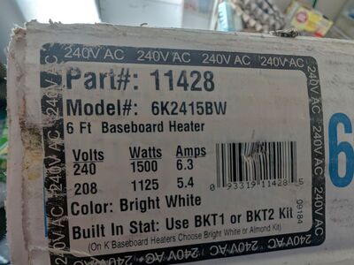 (2) 6 FOOT LONG 1500 WATT 240 VOLT BASE BOARD HEATERS
