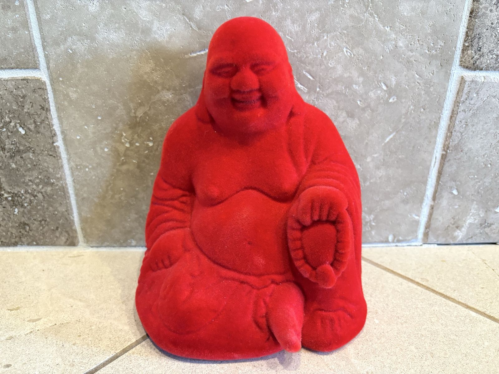 Large Vintage Red Velvet Flocked Buddha Piggy Bank