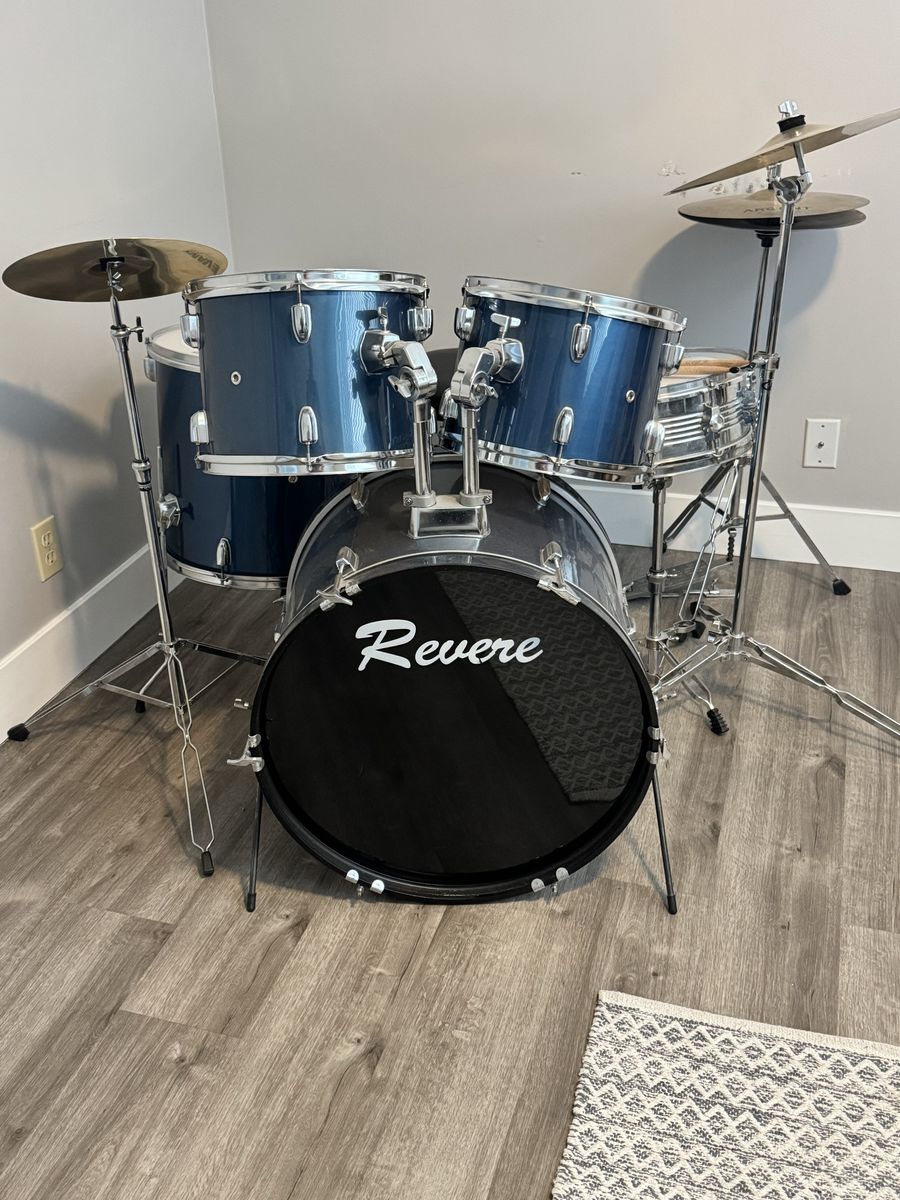 Revere 7 Piece Acoustic Drum Set - Blue with Chrome Hardware, Cymbals, and Hardware
