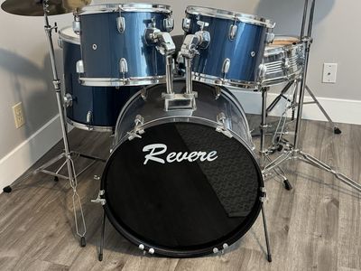 Revere 7 Piece Acoustic Drum Set - Blue with Chrome Hardware, Cymbals, and Hardware