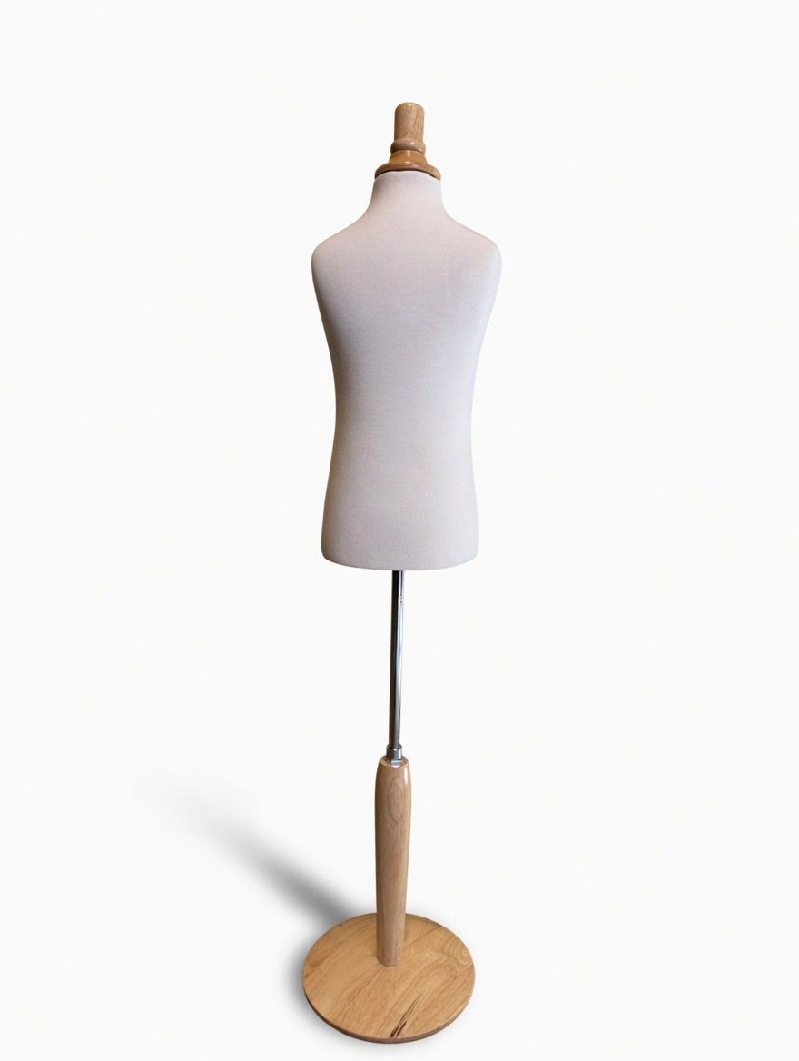 Adjustable Height Cream Fabric Kids Mannequin Torso w/ Wooden Stand, Child Display Form