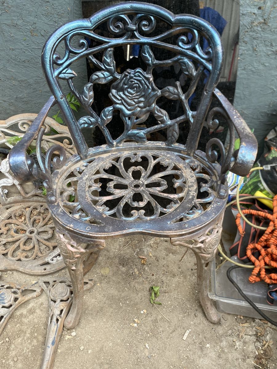 Cast Iron Rose Pattern Patio Chair Lot - One Assembled, One Disassembled