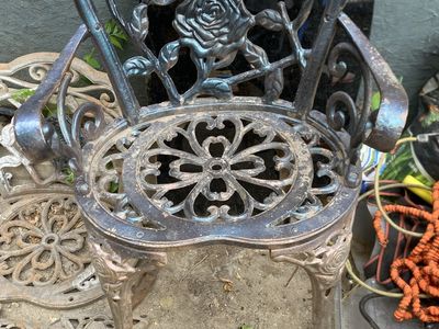 Cast Iron Rose Pattern Patio Chair Lot - One Assembled, One Disassembled