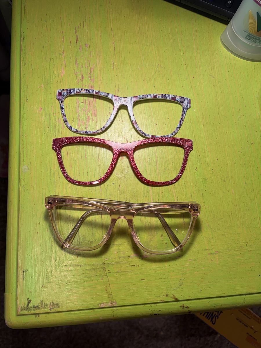Lot of 3 Pair Eyeglass Frames - Photo Collage, Red Glitter, and Clear