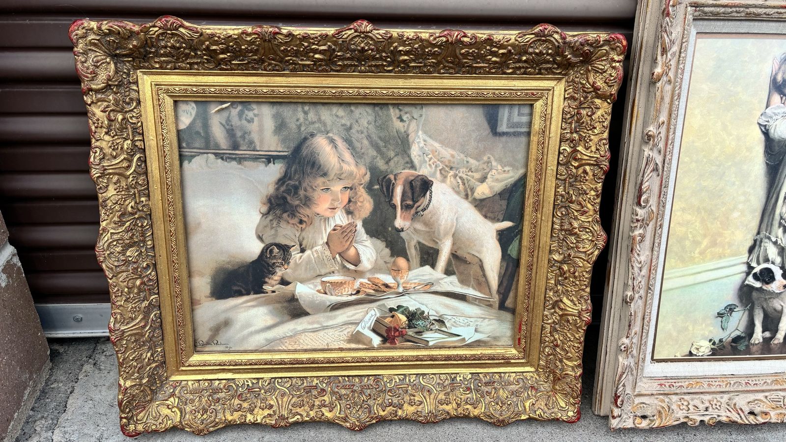 Vintage "Grace" Prayer Girl with Dog & Cat Lithograph Print in Ornate Gold Frame, Religious Art