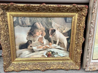 Vintage "Grace" Prayer Girl with Dog & Cat Lithograph Print in Ornate Gold Frame, Religious Art